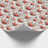 かわいらし赤いハートと花ヴィンテージ ラッピングペーパー (角)