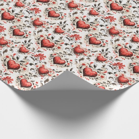 かわいらし赤いハートと花ヴィンテージ ラッピングペーパー (角)