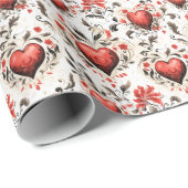 かわいらし赤いハートと花ヴィンテージ ラッピングペーパー (ロールコーナー)