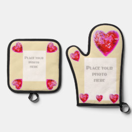 かわいらし赤いハート写真 鍋つかみ&鍋敷きセット