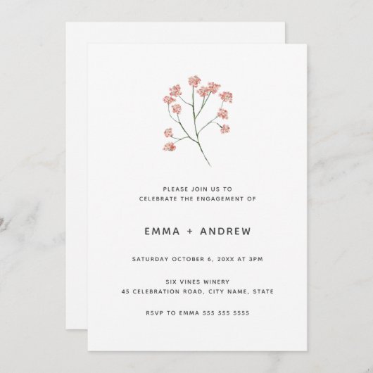 かわいらし赤面ピンクさくらんぼブロッサム婚約 招待状 (正面/裏面)