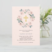 かわいらし赤面ピンクの花と金ゴールドの十字 | バプテスマ 招待状 (スタンド正面)