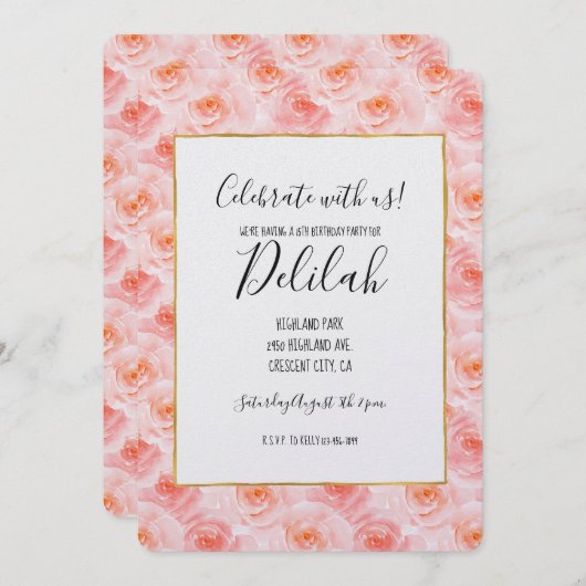かわいらし赤面ピンクウォーター色バラ誕生日 招待状 (正面/裏面)