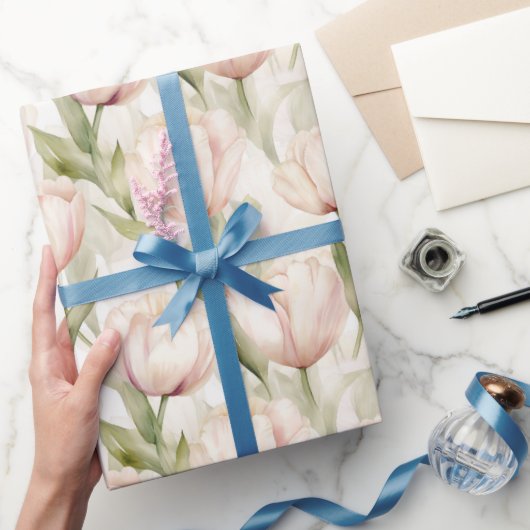 かわいらし赤面ピンククリームチューリップフローラ結婚ズ ラッピングペーパー (ギフト)