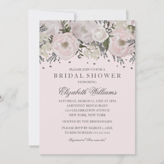 かわいらし赤面ピンクシルバーフラワーブライダルシャワー 招待状 (正面)