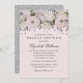 かわいらし赤面ピンクシルバーフラワーブライダルシャワー 招待状 (正面/裏面)