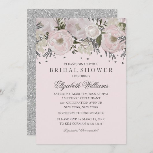かわいらし赤面ピンクシルバーフラワーブライダルシャワー 招待状 (正面/裏面)