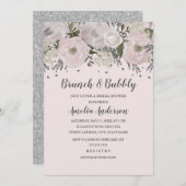かわいらし赤面ピンクシルバーフローラブランチと泡立ち 招待状 (正面/裏面)