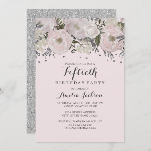 かわいらし赤面ピンクシルバーフローラ50誕生日 招待状 (正面/裏面)