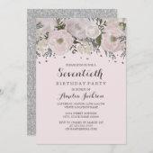 かわいらし赤面ピンクシルバーフローラ70誕生日 招待状 (正面/裏面)