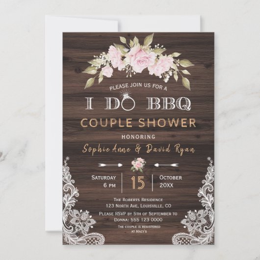 かわいらし赤面ピンクフローラウッドI DO BBQ 招待状 (正面)