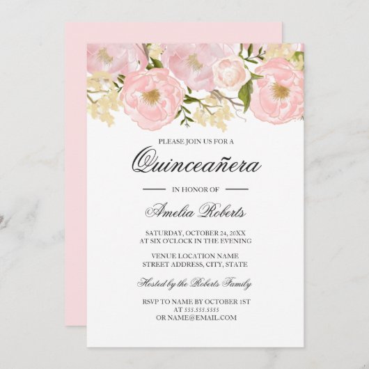 かわいらし赤面ピンクフローラキンセアニェラ招待状 招待状 (正面/裏面)