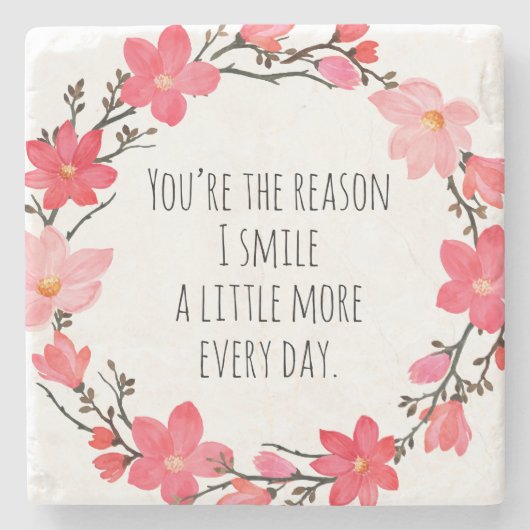 かわいらし赤面ピンクフローラリースかわいいタイポグラフィ ストーンコースター (正面)