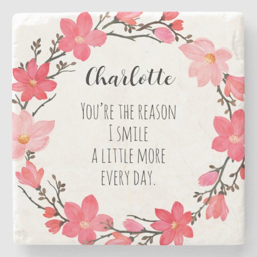 かわいらし赤面ピンクフローラリースタイポグラフィ名 ストーンコースター (正面)