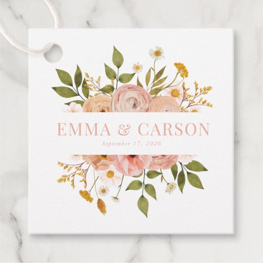 かわいらし赤面ピンクフローラ庭園の結婚式披露宴 フェイバータグ (正面)