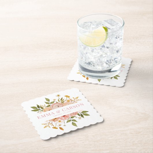 かわいらし赤面ピンクフローラ庭園の結婚式 ペーパーコースター (インサイチュ)