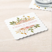 かわいらし赤面ピンクフローラ庭園の結婚式 ペーパーコースター (アングル)