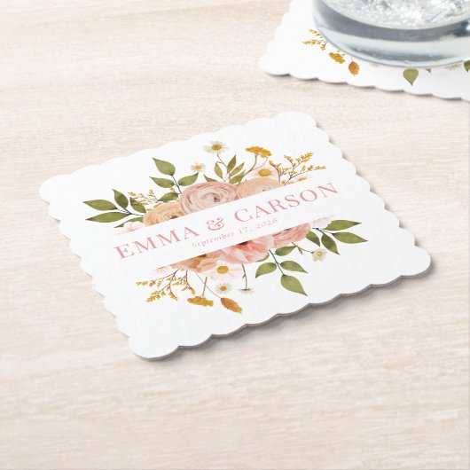 かわいらし赤面ピンクフローラ庭園の結婚式 ペーパーコースター (アングル)