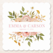 かわいらし赤面ピンクフローラ庭園の結婚式 ペーパーコースター (正面)