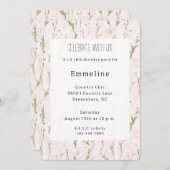 かわいらし赤面ピンクフローラ誕生日 招待状 (正面/裏面)