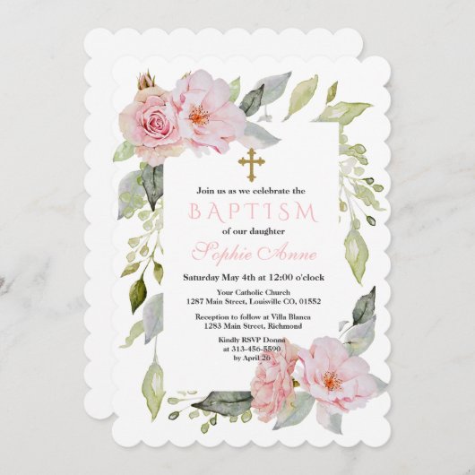 かわいらし赤面ピンクフローラ開花バプテスマ 招待状 (正面/裏面)