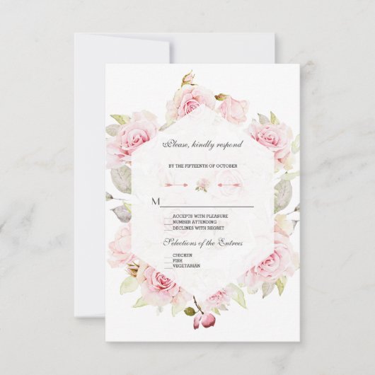 かわいらし赤面ピンクフローラ開花幾何結婚図形 出欠カード (正面)