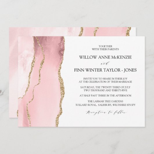 かわいらし赤面ピンクモダン結婚ク酸 招待状 (正面/裏面)