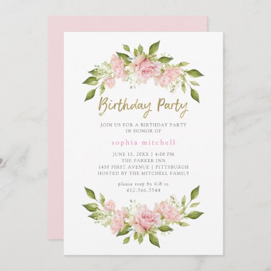 かわいらし赤面ピンクローゼズ&金ゴールド |誕生日パーティー 招待状 (正面/裏面)