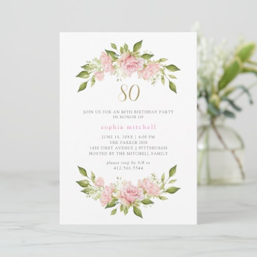 かわいらし赤面ピンクローゼズ&金ゴールド | 80誕生日 招待状 (スタンド正面)