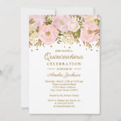 かわいらし赤面ピンク金ゴールドフローラキンセアニェラ 招待状 (正面)