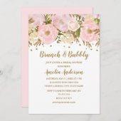 かわいらし赤面ピンク金ゴールドフローラブランチと泡立ち 招待状 (正面/裏面)