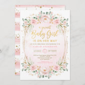 かわいらし赤面ピンク金ゴールドフローラベビーガールシャワー 招待状 (正面/裏面)
