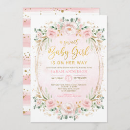 かわいらし赤面ピンク金ゴールドフローラベビーガールシャワー 招待状