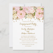 かわいらし赤面ピンク金ゴールドフローラ婚約パーティ 招待状 (正面)