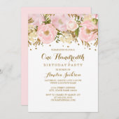 かわいらし赤面ピンク金ゴールドフローラ100誕生日 招待状 (正面/裏面)