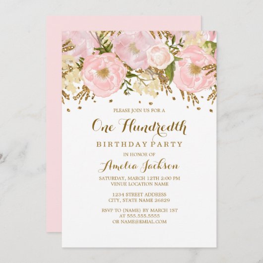 かわいらし赤面ピンク金ゴールドフローラ100誕生日 招待状 (正面/裏面)