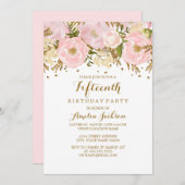 かわいらし赤面ピンク金ゴールドフローラ15誕生日 招待状 (正面/裏面)