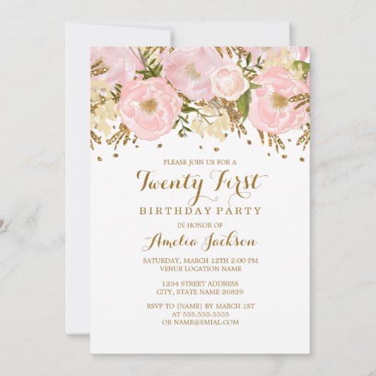 かわいらし赤面ピンク金ゴールドフローラ21歳 招待状 (正面)