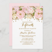 かわいらし赤面ピンク金ゴールドフローラ50誕生日 招待状 (正面/裏面)