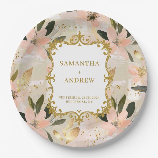 かわいらし赤面結婚金ゴールド紙プレート ペーパープレート (正面)