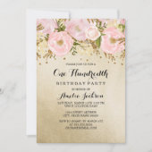 かわいらし赤面金ゴールドピンクフローラ100誕生日 招待状 (正面)