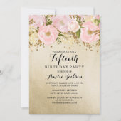 かわいらし赤面金ゴールドピンクフローラ50誕生日 招待状 (正面)