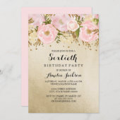 かわいらし赤面金ゴールドピンクフローラ60誕生日 招待状 (正面/裏面)