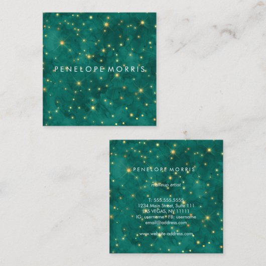 かわいらし金ゴールドとティール（緑がかった色）星座スタイリスト スクエア名刺 (正面/裏面)