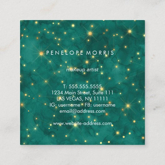 かわいらし金ゴールドとティール（緑がかった色）星座スタイリスト スクエア名刺 (裏面)