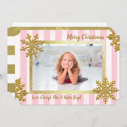 かわいらし金ゴールドとピンクのカスタム写真クリスマス 招待状 (正面/裏面)