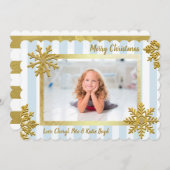 かわいらし金ゴールドとブルーのカスタム写真クリスマス 招待状 (正面/裏面)