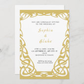 かわいらし金ゴールドと白アールデコ結婚 招待状 (正面/裏面)