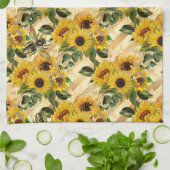 かわいらし金ゴールドイエローヒマワリブーケストライプミツ キッチンタオル (折り畳み)