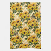 かわいらし金ゴールドイエローヒマワリブーケストライプミツ キッチンタオル (縦)
